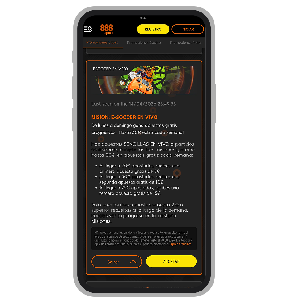 Desglose de los tres niveles de la promoción Misión e-Soccer de 888Sport: 20€, 50€ y 75€ apostados 