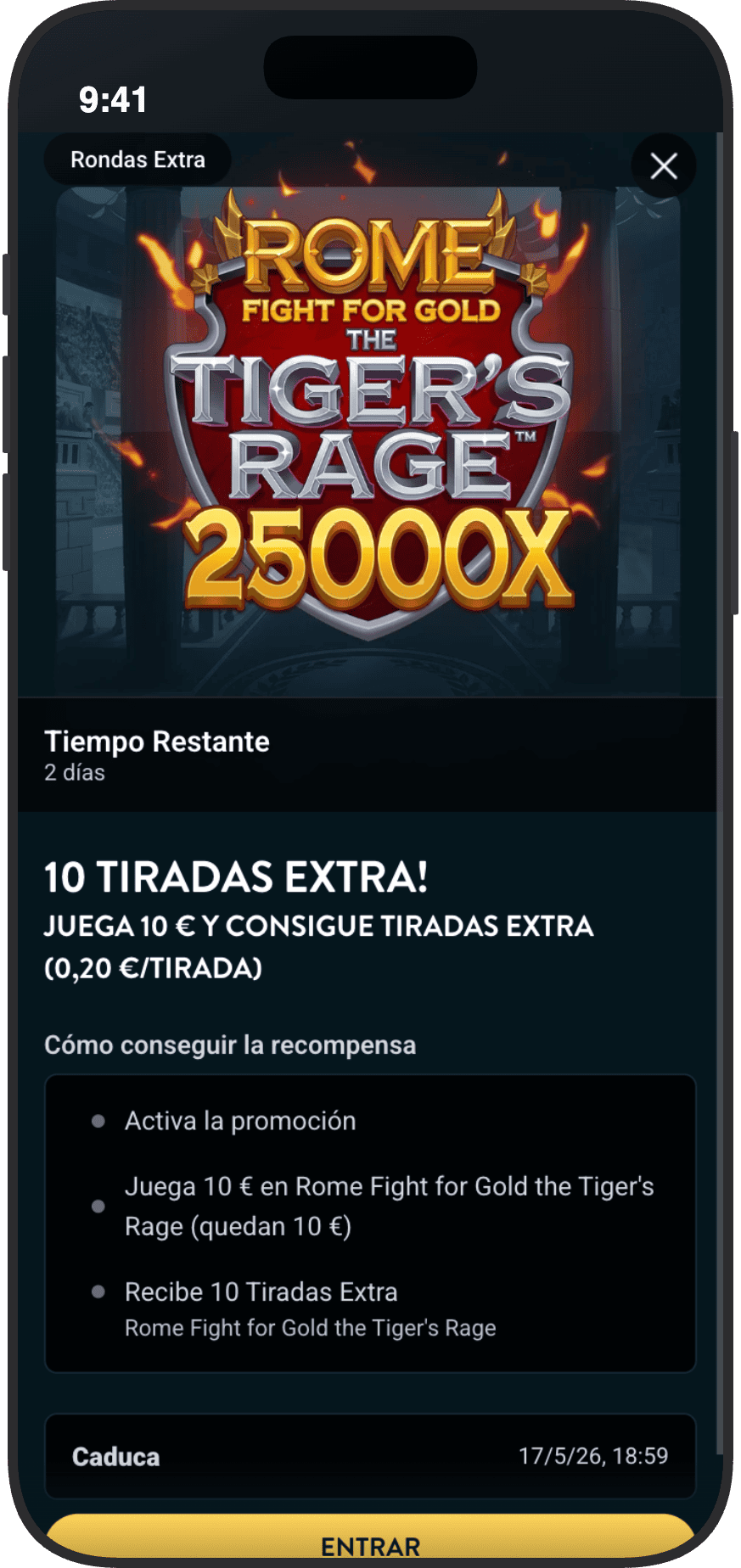 Promoción de 10 tiradas extra en la slot Rome Fight for Gold the Tiger's Rage en Golden Bull: juega 10€ y recibe giros gratis de 0,20€
