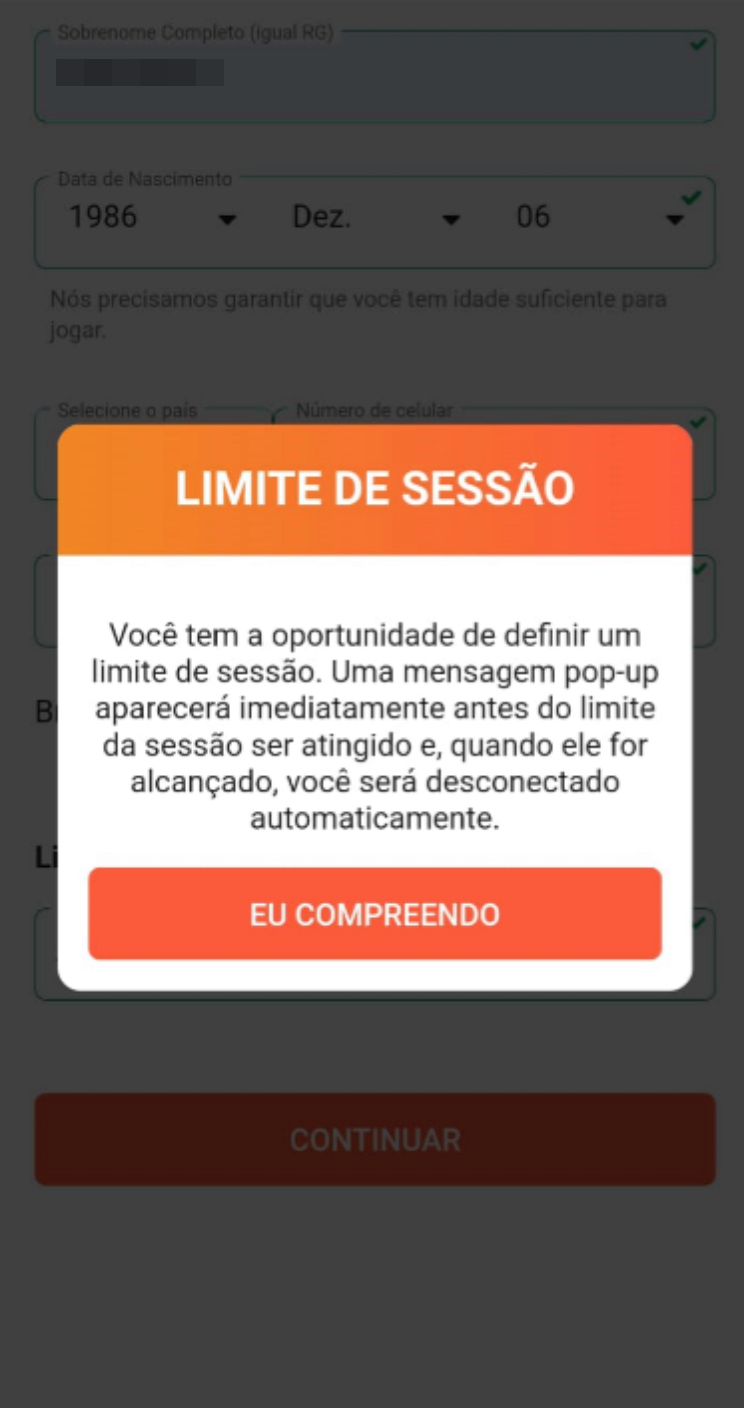 Limite da sessão durante processo de registro