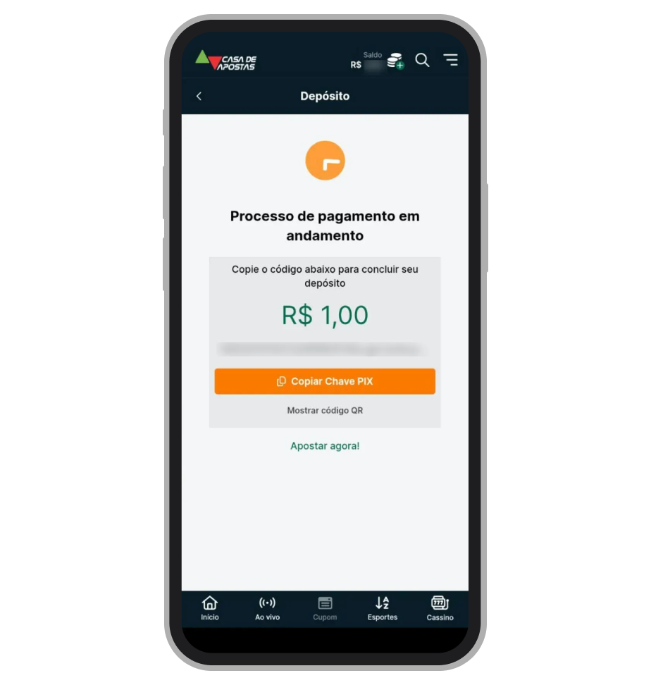 Na tela do Pix, escolha código QR ou função Copia e cola 