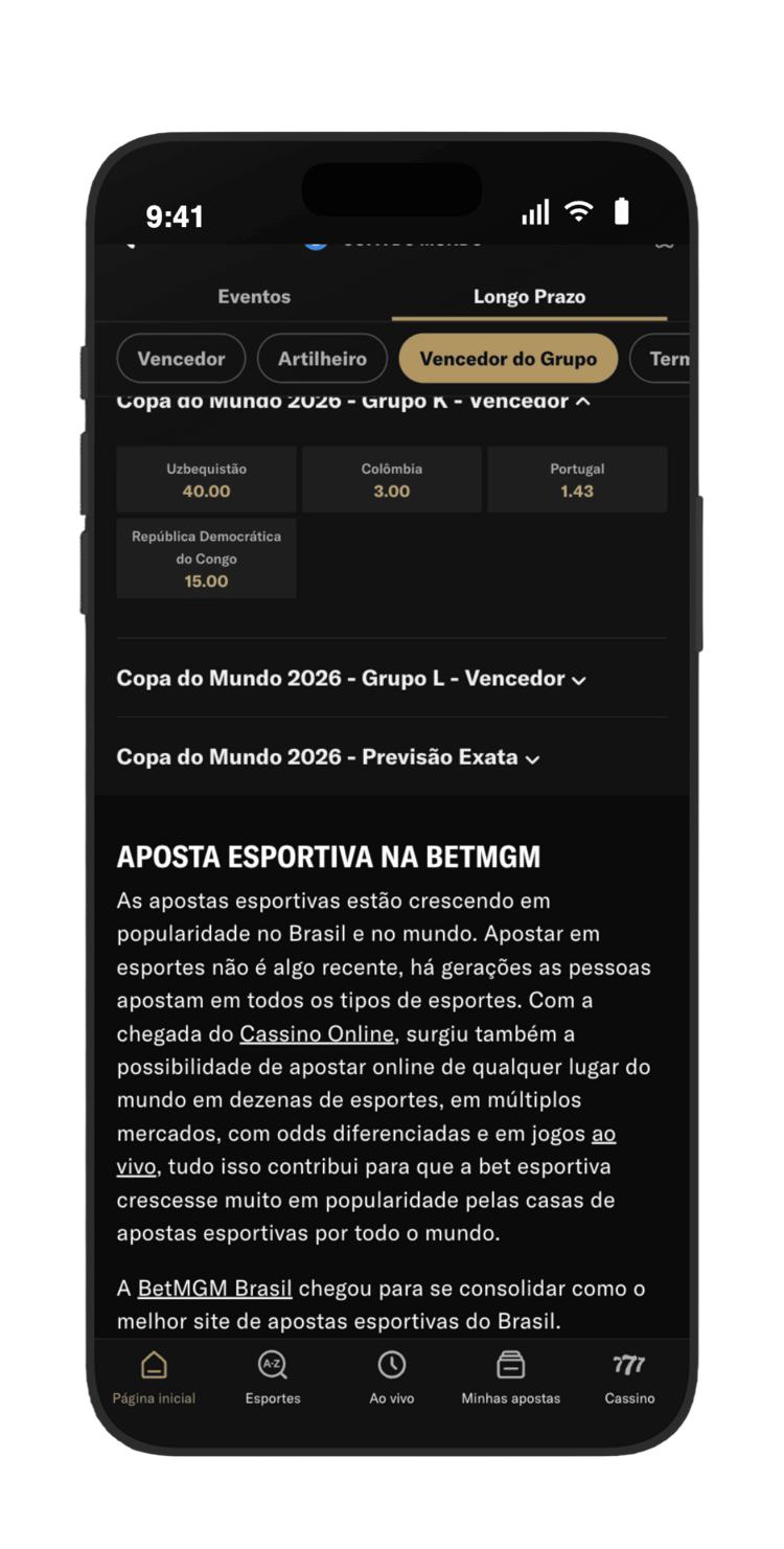 Toque em Vencedor do Grupo na BetMGM para ver as odds do Grupo K: Portugal, Colômbia, RD Congo e Uzbequistão