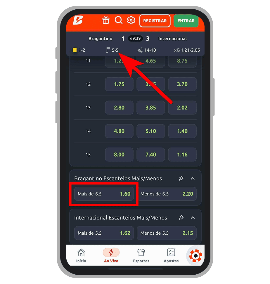 A odd era de 1.60 para o total de 'Mais de 6.5' escanteios do Bragantino, na aposta ao vivo