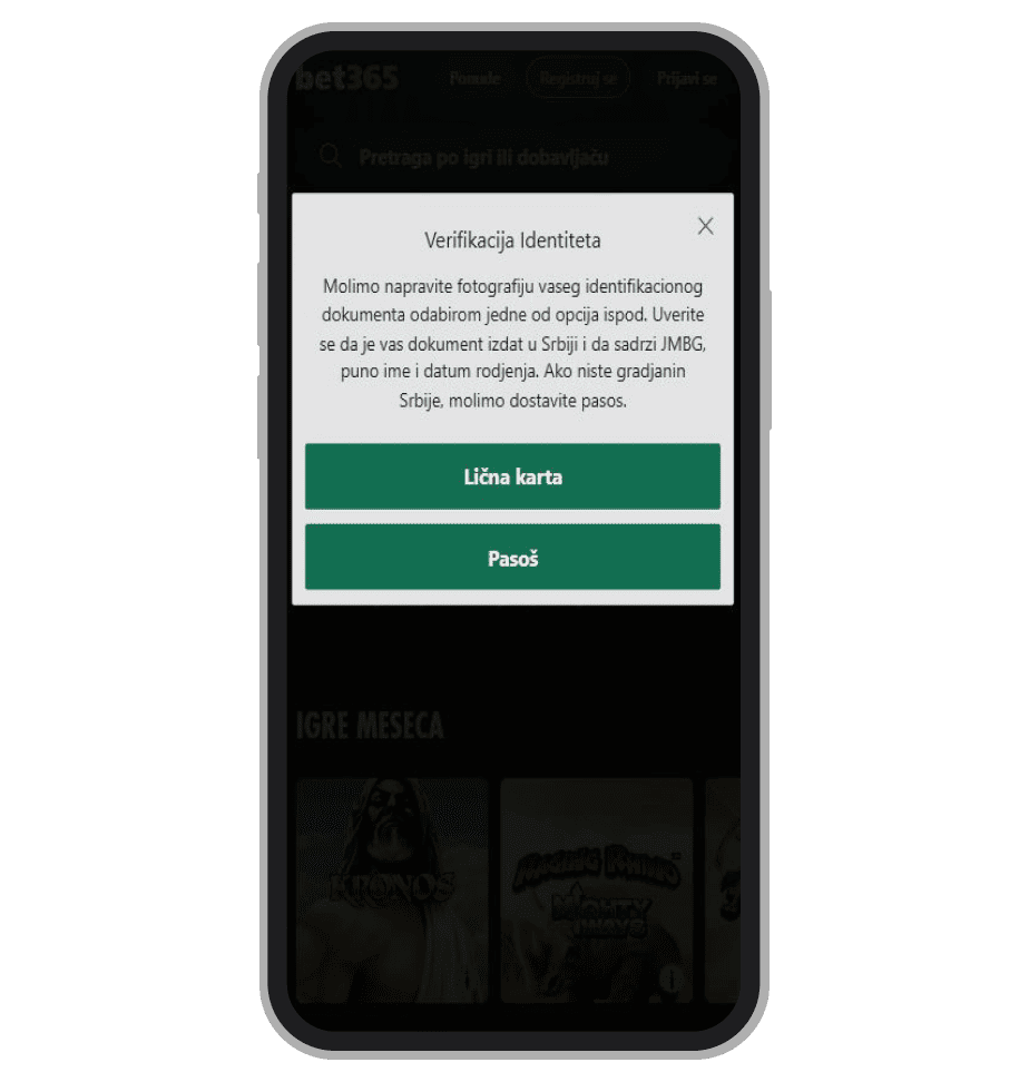 Izbor indentifikacionih dokumenata na Bet365