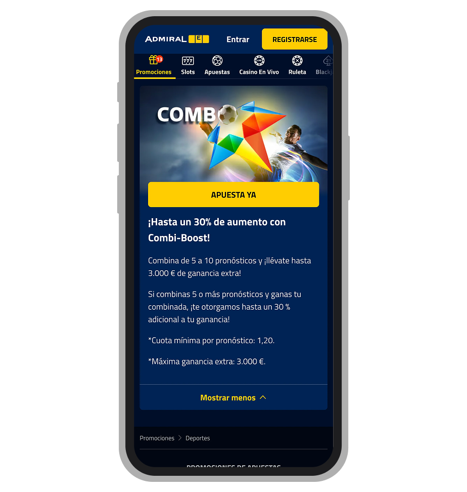 Combi-Boost de AdmiralBet con hasta +30 % extra en combinadas ganadoras de 5 a 10 selecciones