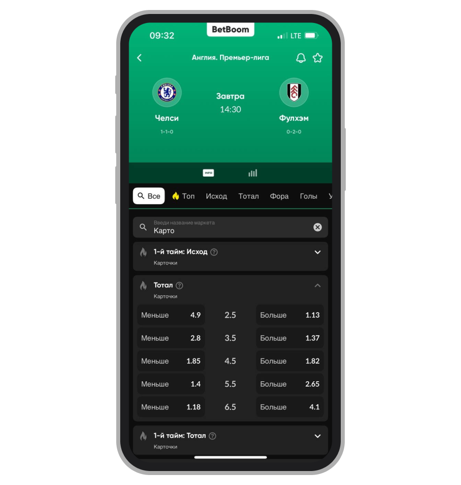 Роспись на Тотал жёлтых карточек в матче «Челси»-«Фулхэм»