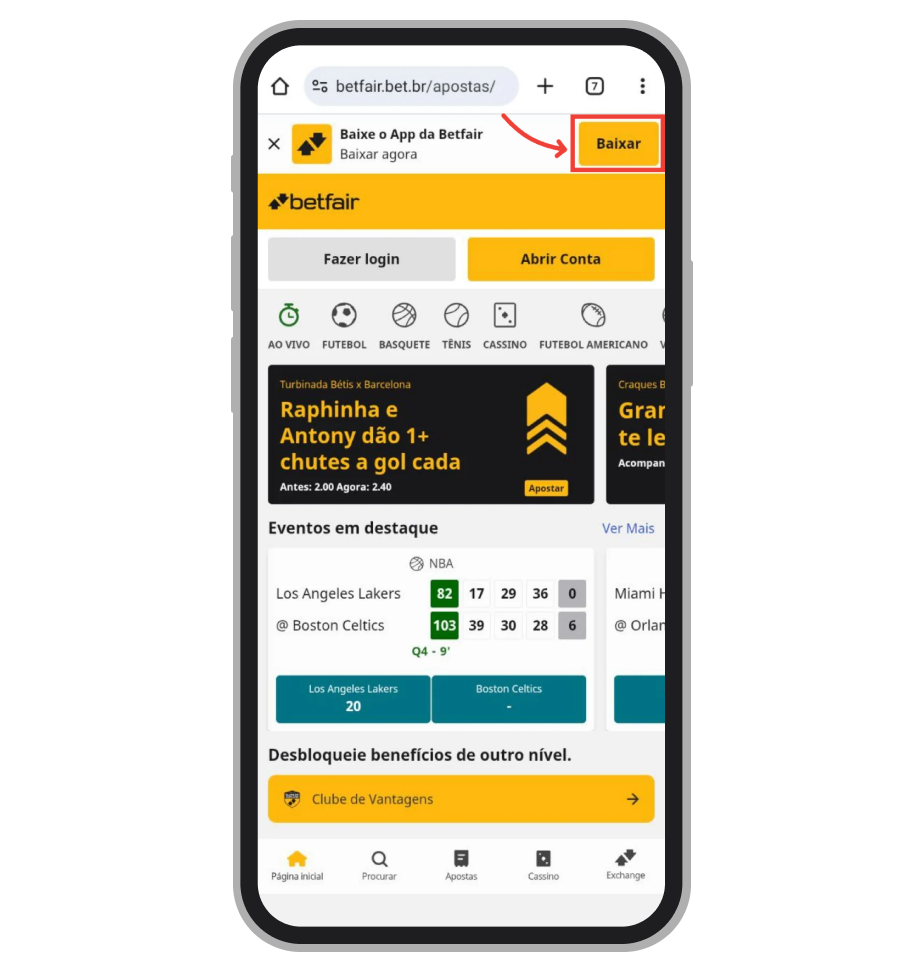 Clique em "Baixar" para acessar a página do app Betfair na Play Store