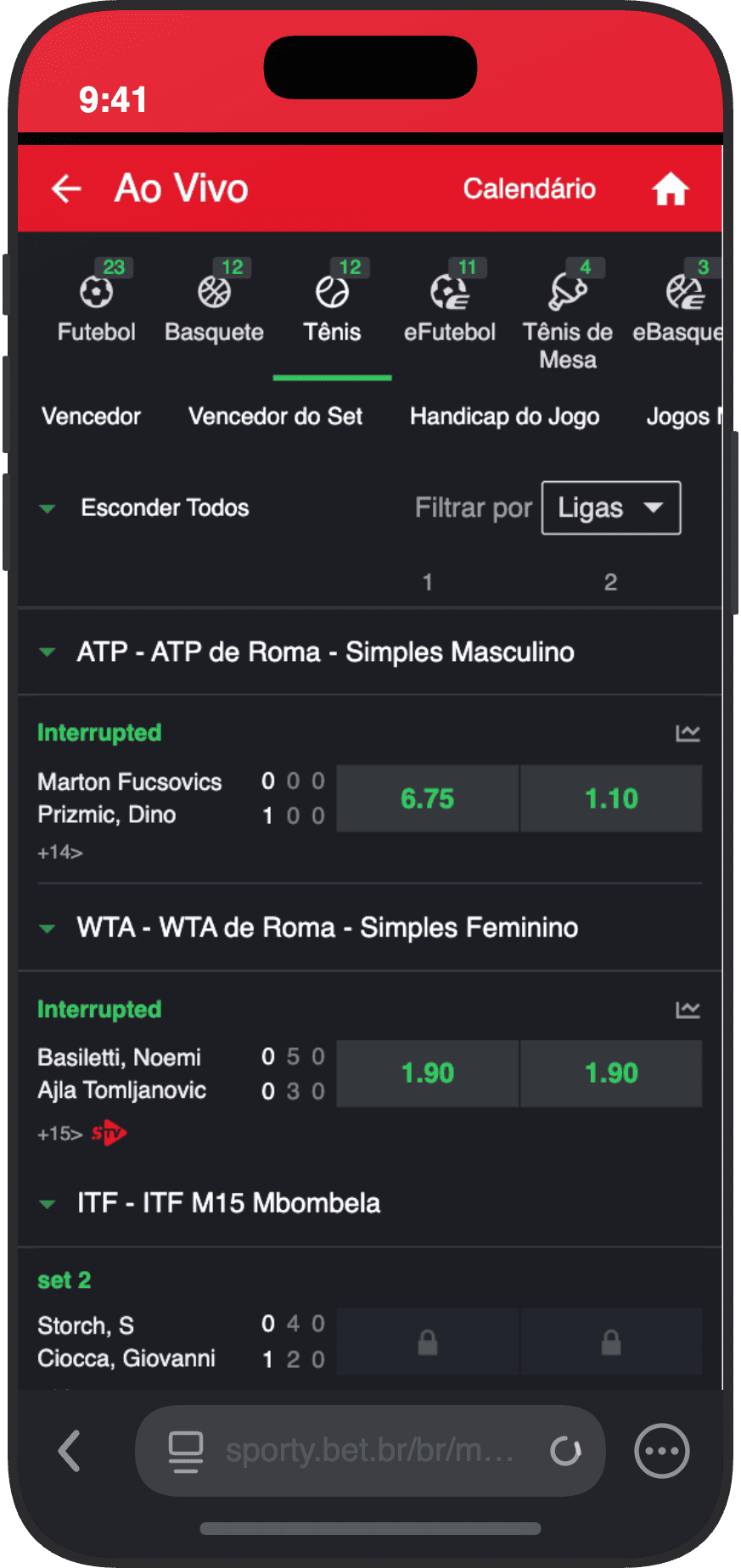 Apostas ao vivo de tênis na SportyBet com ATP e WTA de Roma
