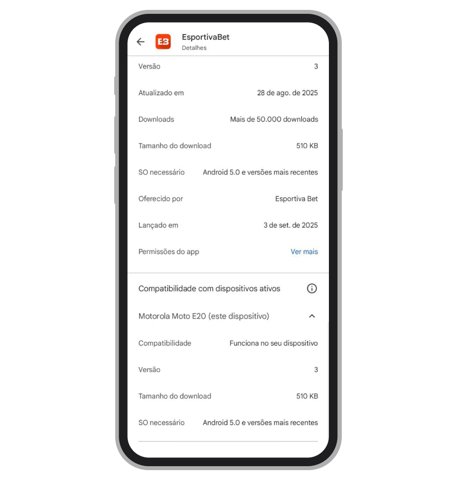 Tela de detalhes do aplicativo Esportiva.bet na Google Play 
