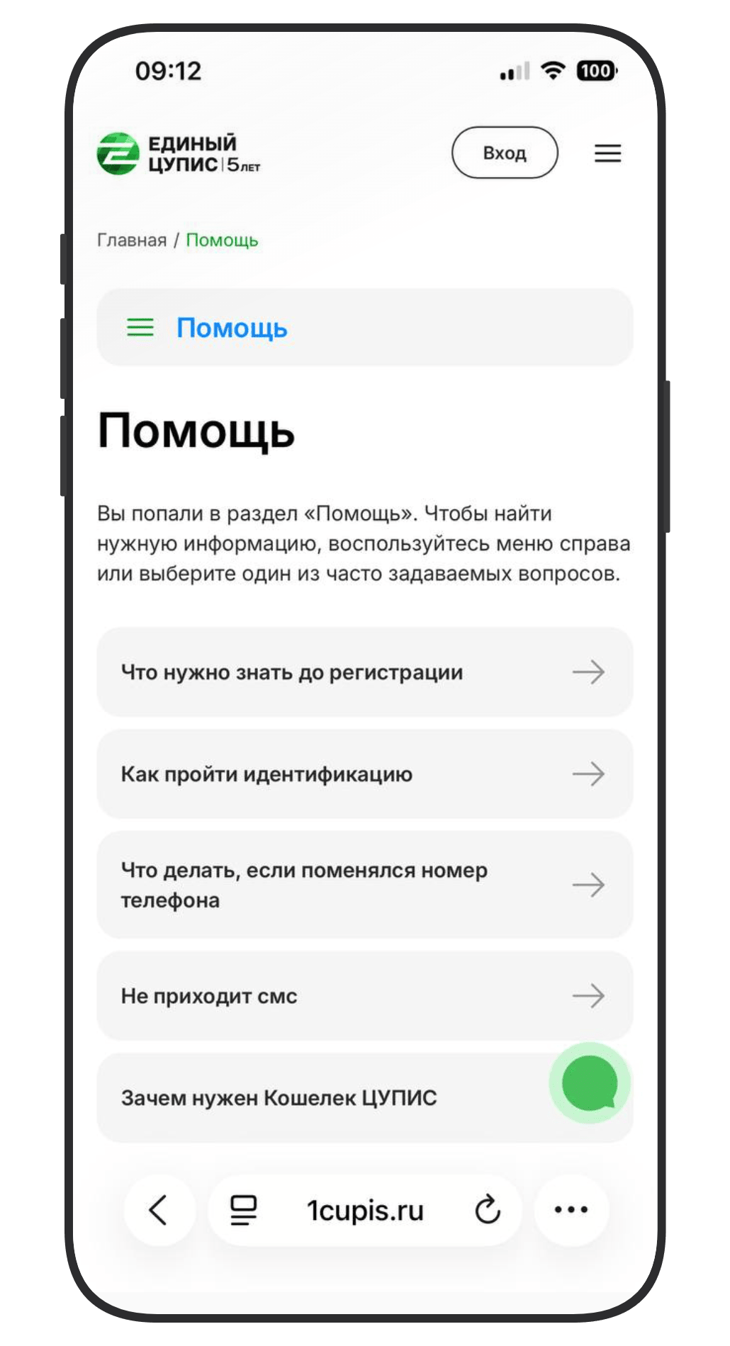 Страница «Помощь» в ЦУПИС
