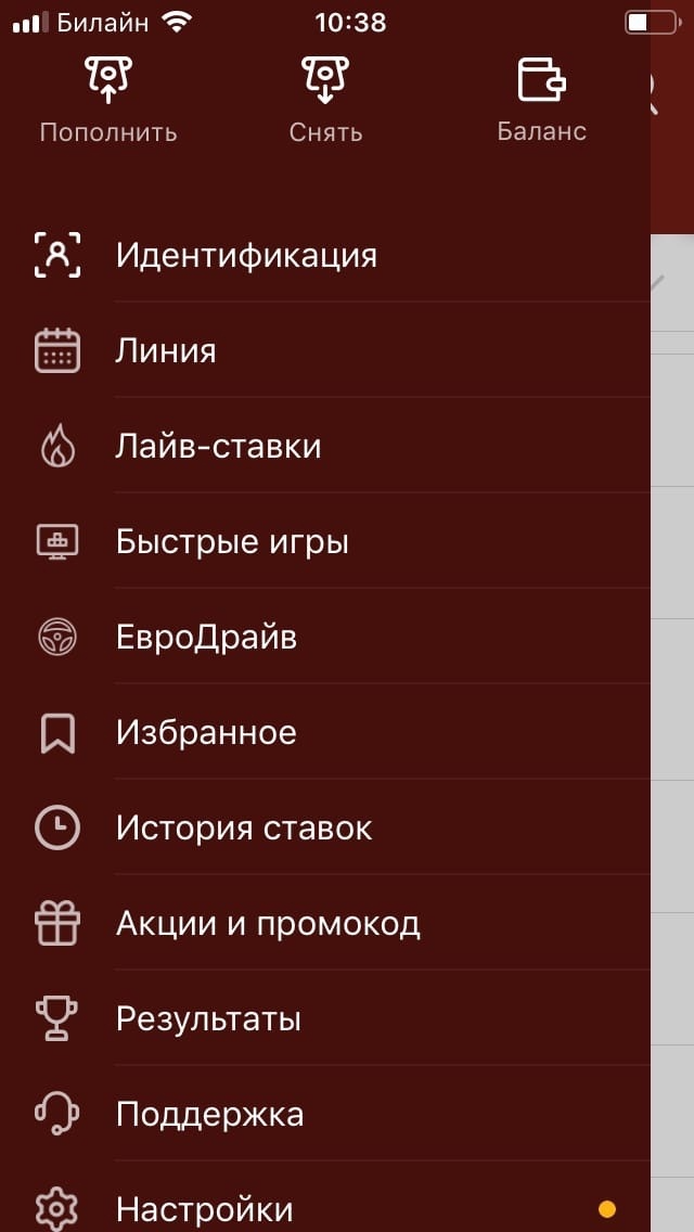 Меню и линия в приложении Olimpbet на iOS