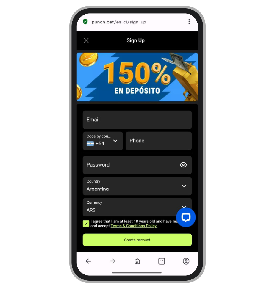 Страница регистрации в Punch