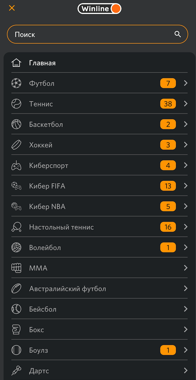 Виды спорта в приложении Winline