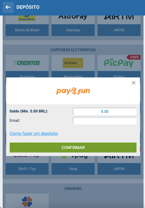 Insira a quantia e seu e-mail
