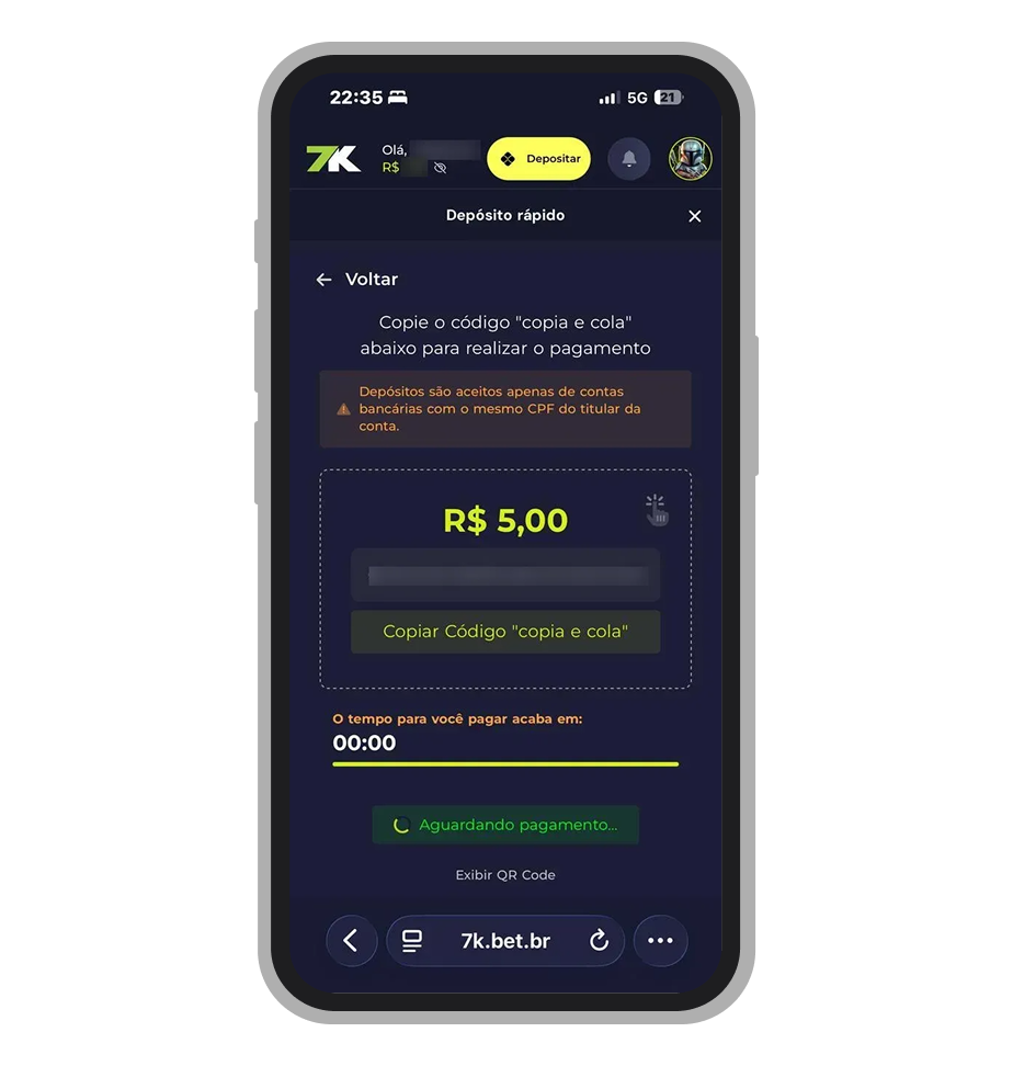 QR code e código Pix gerados para pagamento na 7K.bet