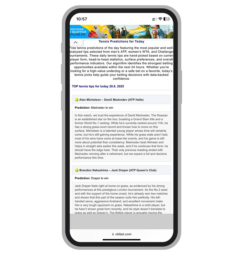 Страница прогнозов на теннис в «Витибет»