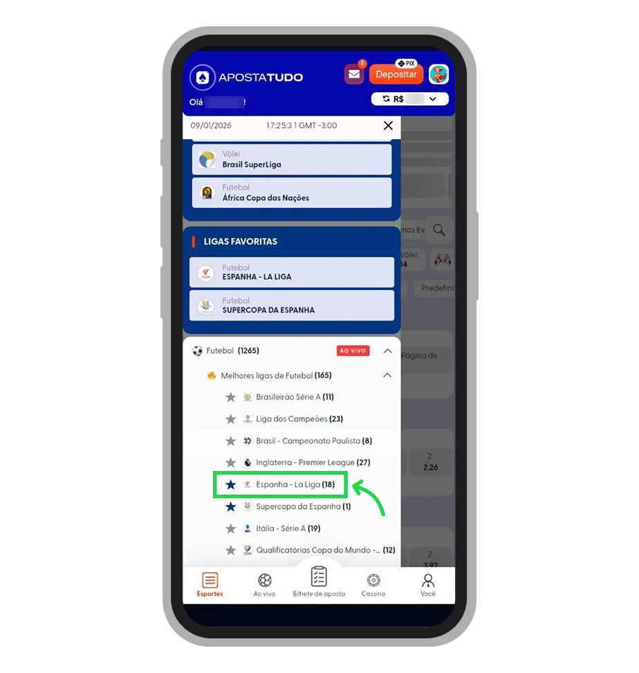 Abra o menu de esportes, navegue pelas competições para encontrar o campeonato desejado