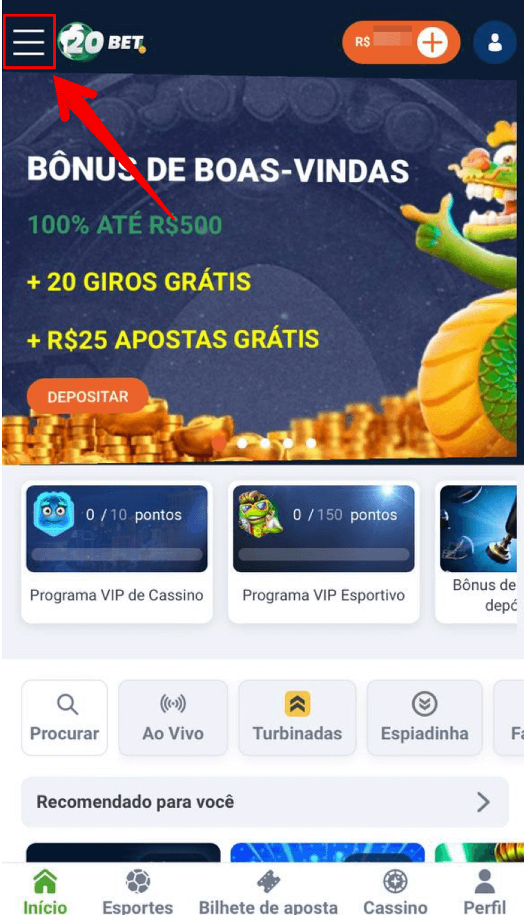Acesse o menu lateral do site 20Bet apostas online