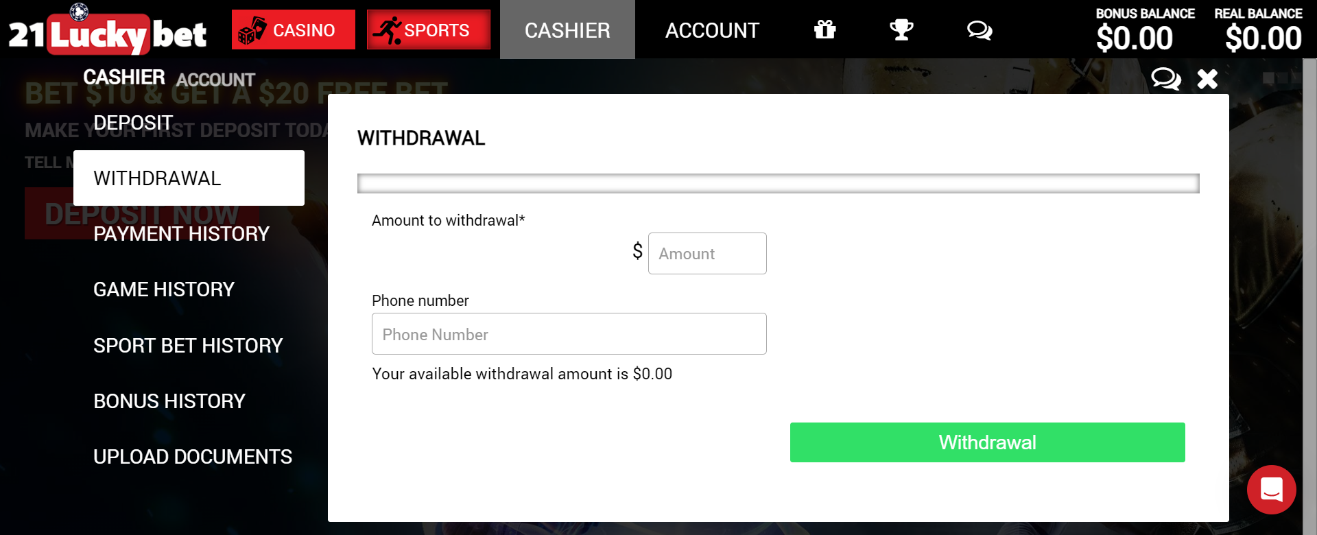 Click on the withdrawal tab