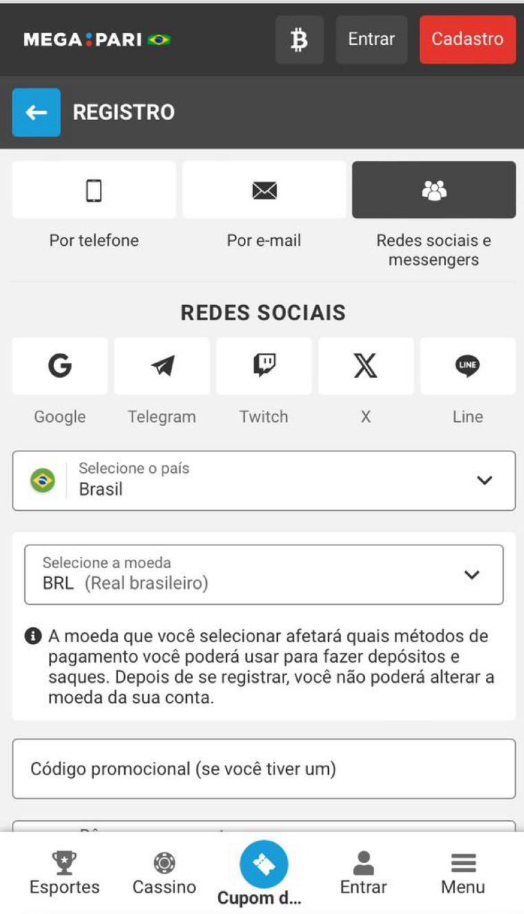 As redes sociais disponíveis para realizar cadastro