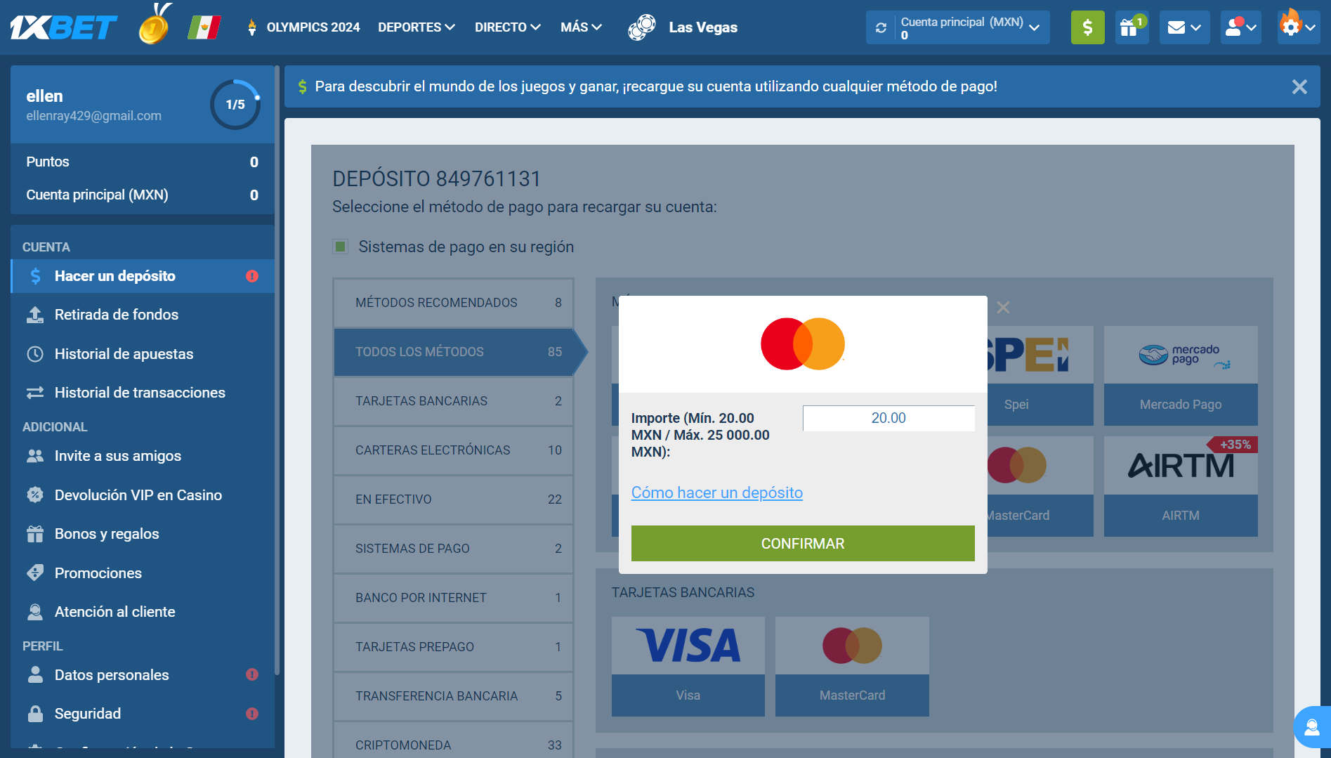 Página con depósito a través de Mastercard en 1xBet.