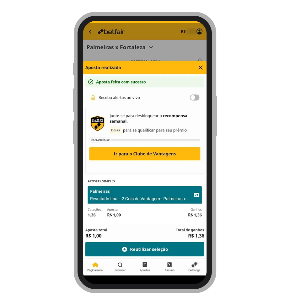 Cupom de aposta confirmada com sucesso na Betfair