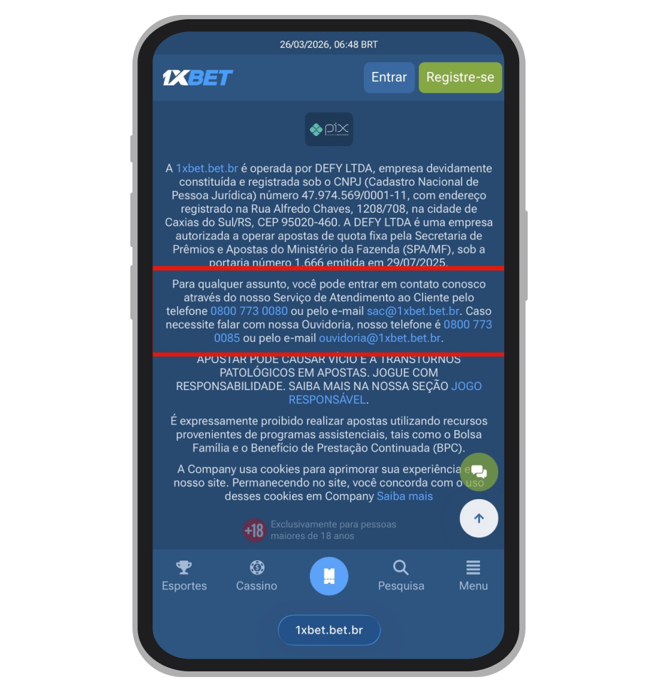 Contatos do suporte ao cliente na 1xBet