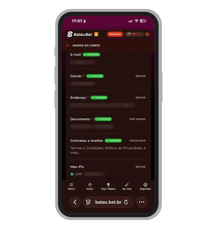 Pode verificar a sua conta - e-mail, celular e enviar documentos