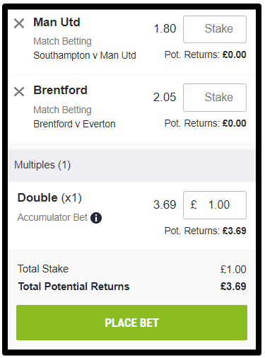 A double Acca bet at Ladbrokes with combined odds of 3.69