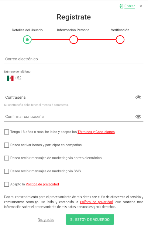 Formulario de registro en la app