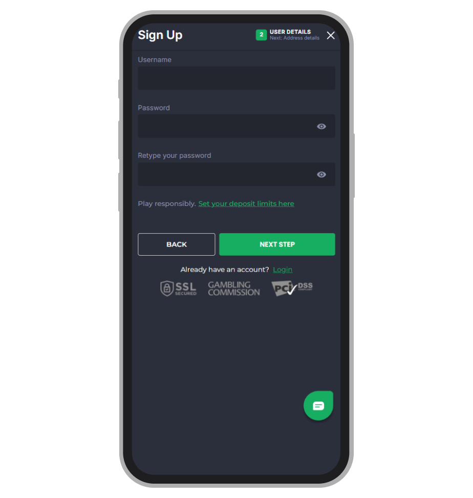 7bet sign-up step 2: username and password with a "Set your deposit limits here" link