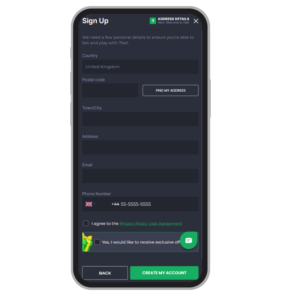 7bet sign-up step 3: address, email and phone, with the Create My Account button