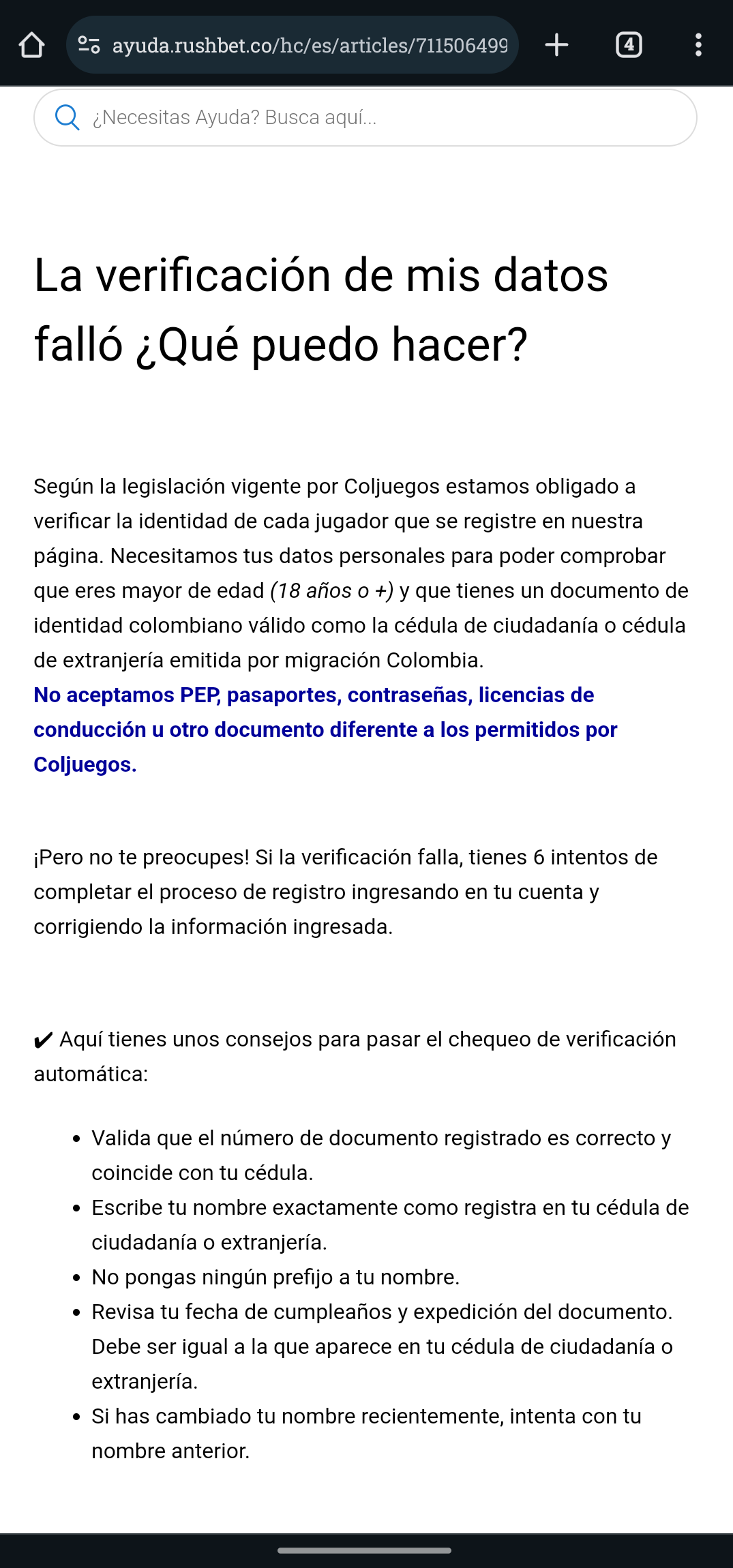 Información de ayuda para verificar cuenta