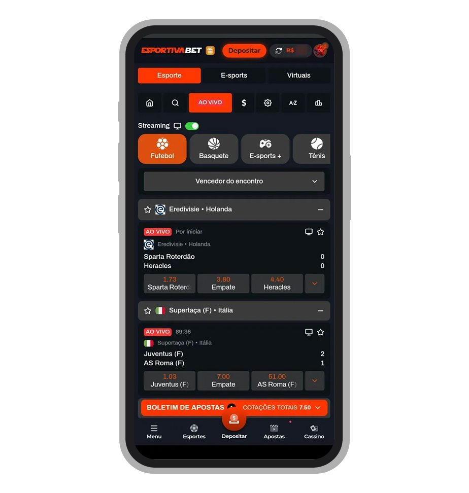 Lista de eventos ao vivo no aplicativo Esportiva.bet, com streaming disponível 