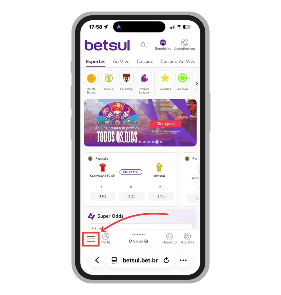 Toque no botão de menu na tela inicial do site mobile 