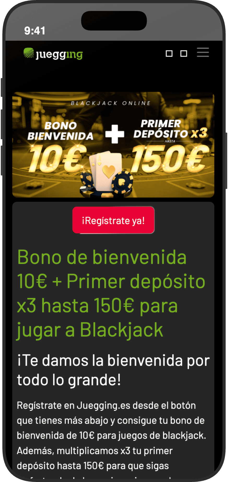 Bono de bienvenida de Juegging para blackjack con 10 euros gratis y primer depósito triplicado hasta 150 