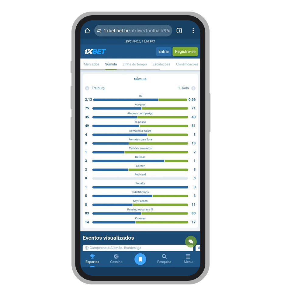 Estatísticas avançadas do jogo no app 1xBet com xG, posse de bola e finalizações
