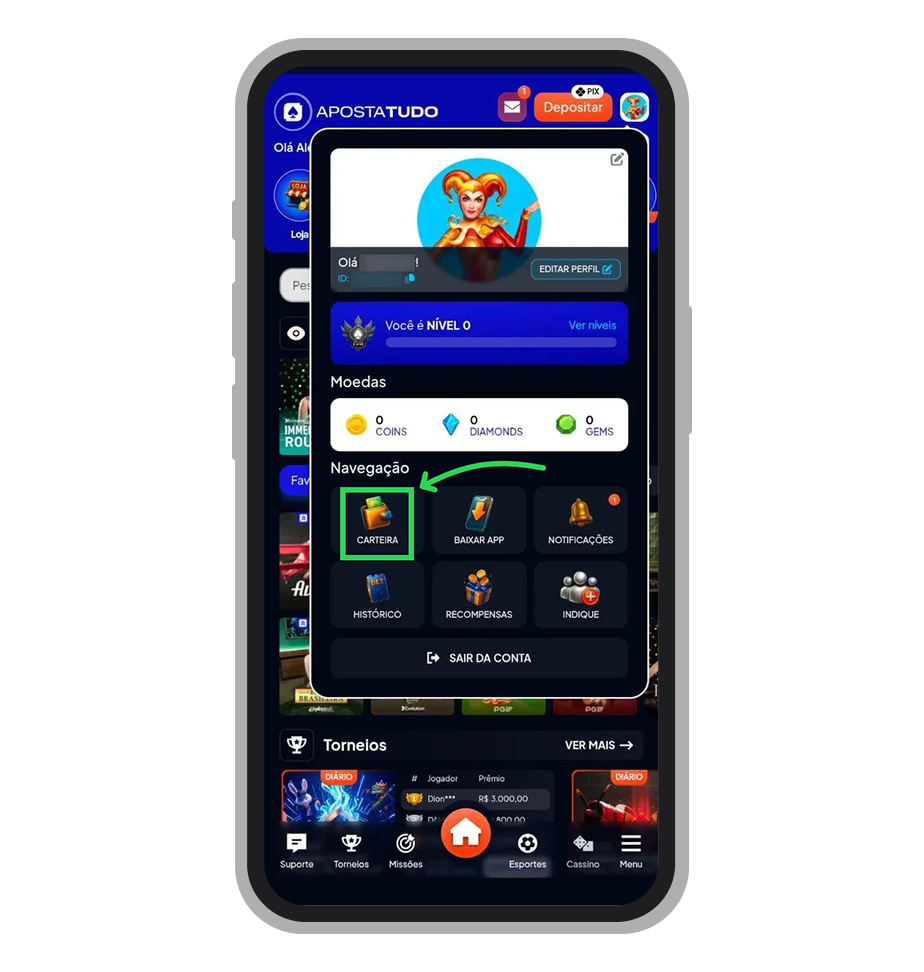 Acesse a carteira no menu de perfil