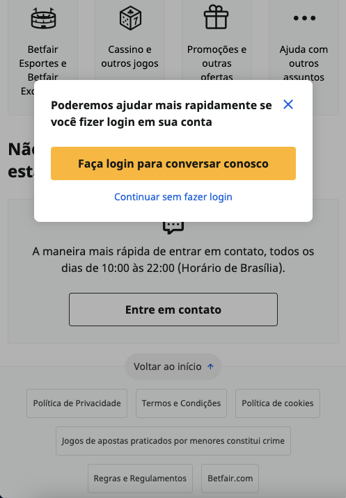O chat ao vivo está disponível sem necessidade de cadastro