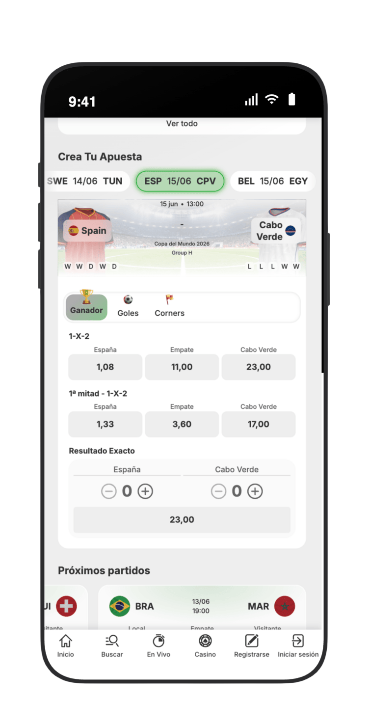 Mercados de España vs Cabo Verde en Betway: 1X2, 1ª mitad, marcador exacto y Crea Tu Apuesta