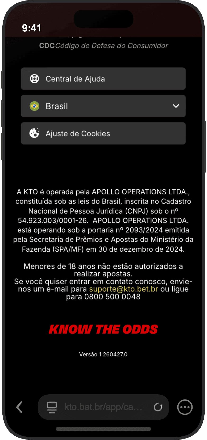 Rodapé do KTO com dados da Apollo Operations LTDA, CNPJ, Portaria SPA/MF, e-mail e telefone 0800