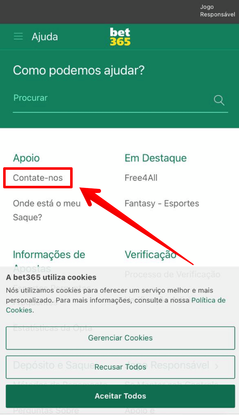 Opte por contactar suporte da Bet365