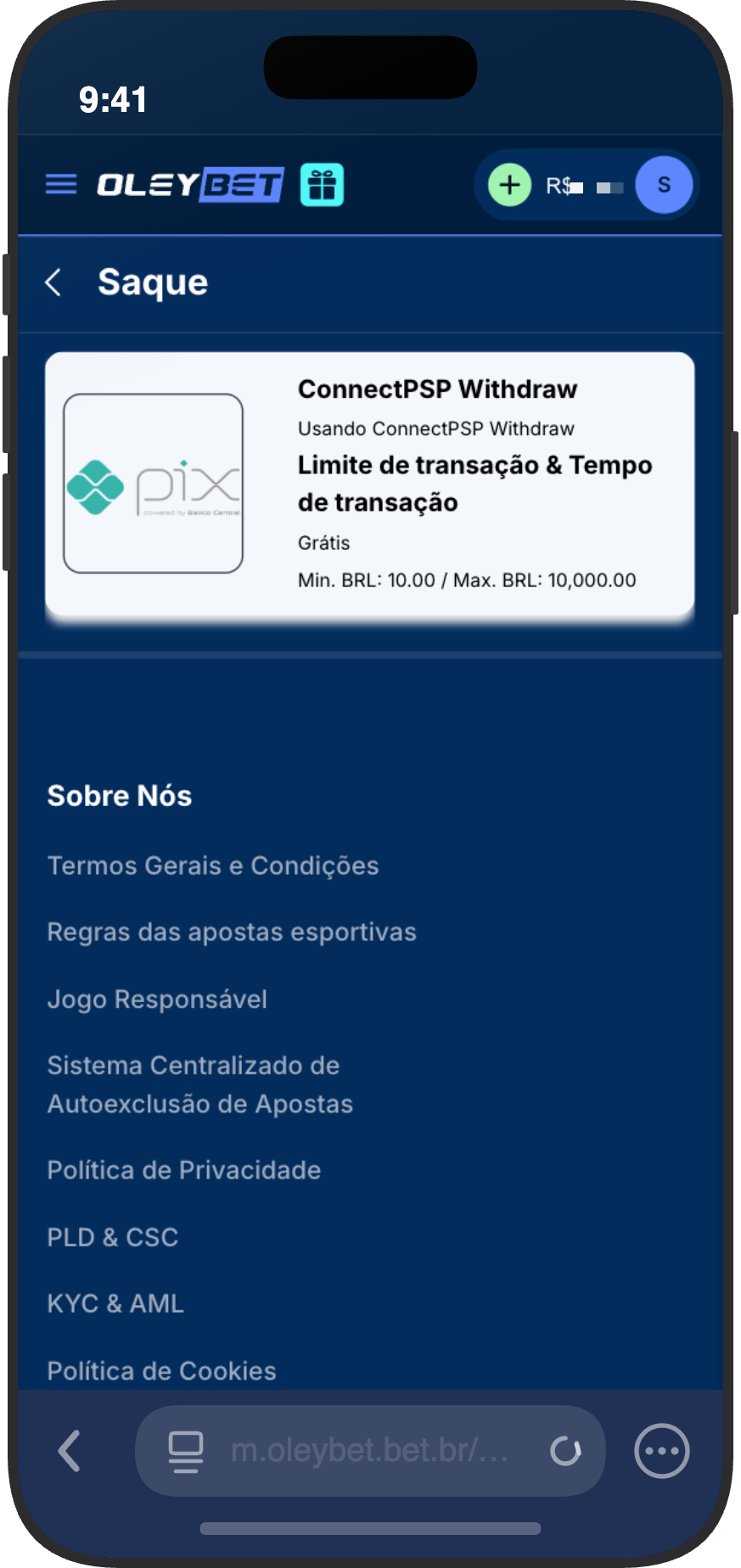 Tela de saque via Pix do cassino OleyBet com limites de R$ 10 a R$ 10.000