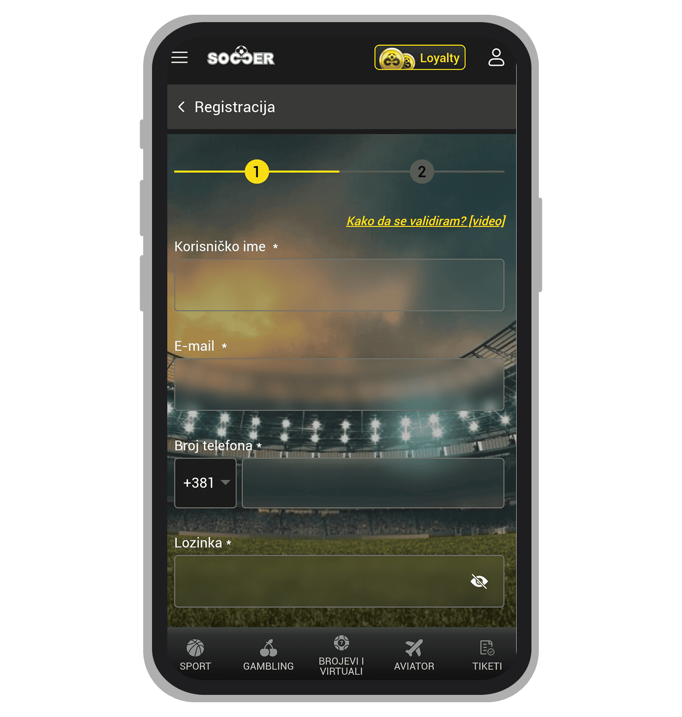 Stranica za registraciju na SoccerBet