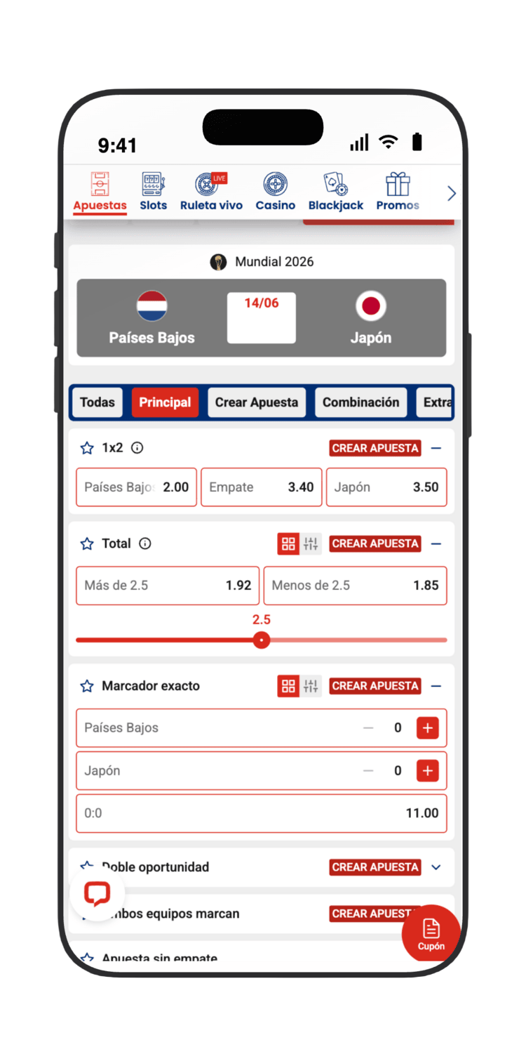 Mercados de Países Bajos vs Japón en JOKERBET: 1X2 (P. Bajos 2.00, Empate 3.40, Japón 3.50), más/menos de 2.5 goles y marcador exacto