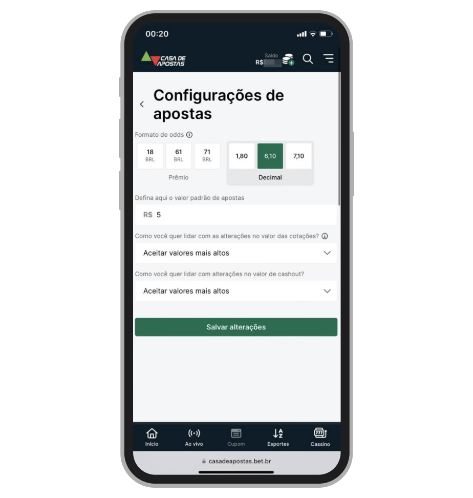 Configurações de apostas