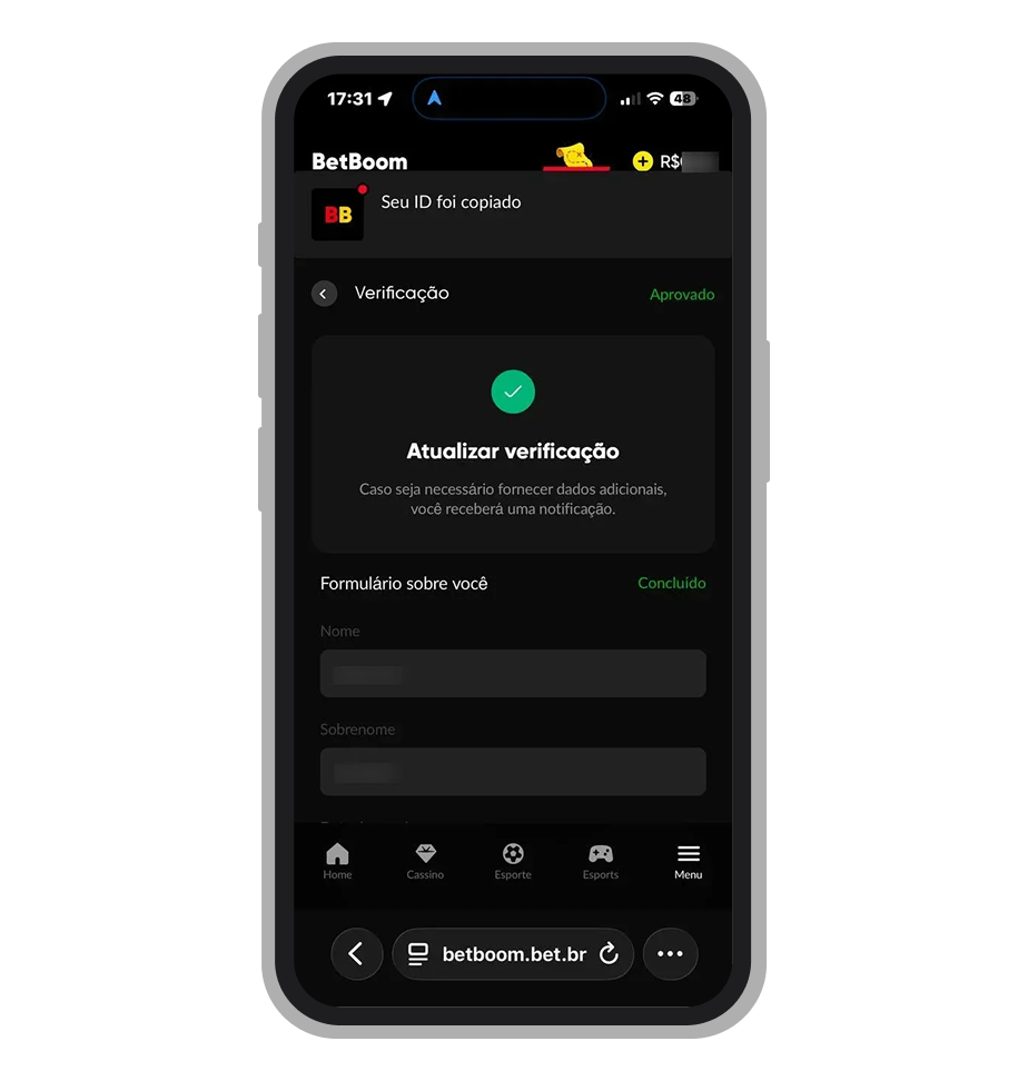 Tela de verificação de identidade (KYC) no BetBoom com upload de documento e reconhecimento facial