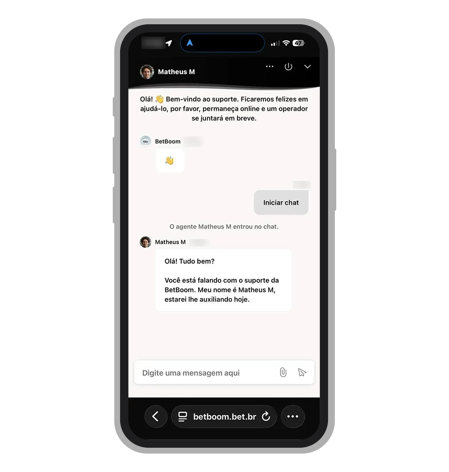 Chat ao vivo do suporte da BetBoom aberto no navegador com janela de conversa