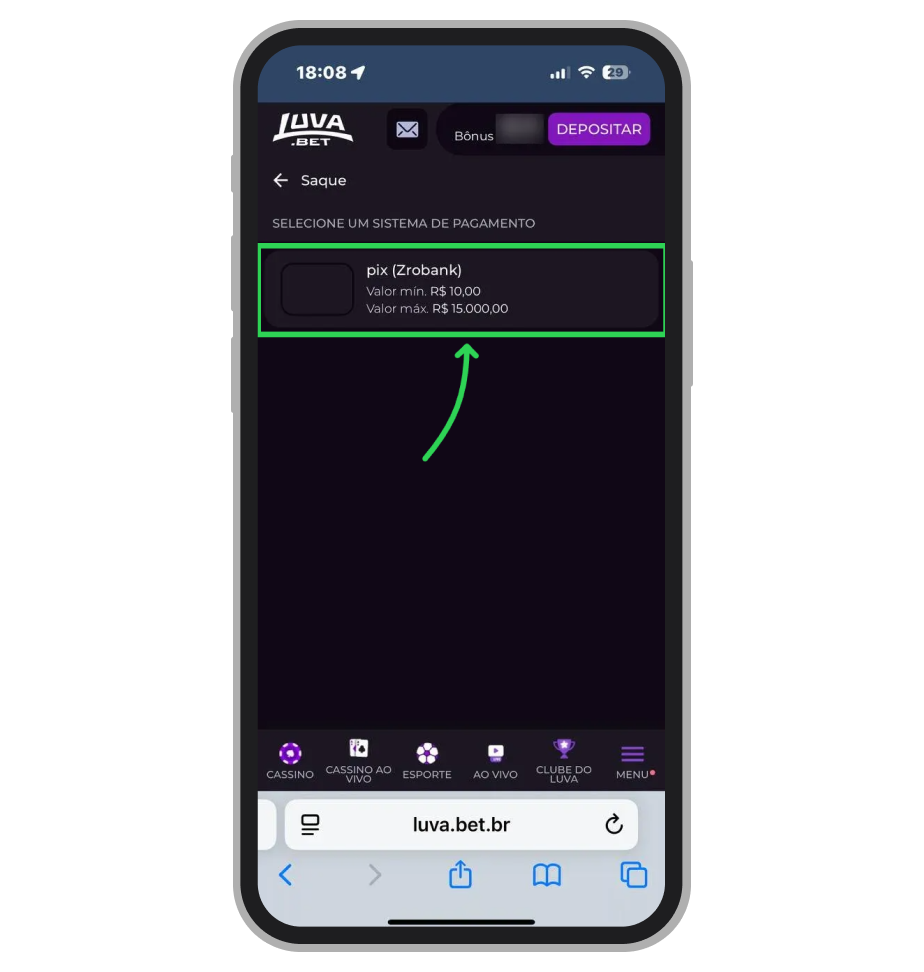 Escolha o método "Pix de Zrobank"