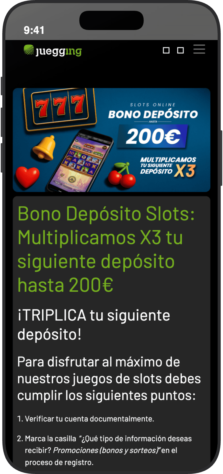 Bono de depósito de Juegging para slots online con depósito triplicado hasta 200 euros