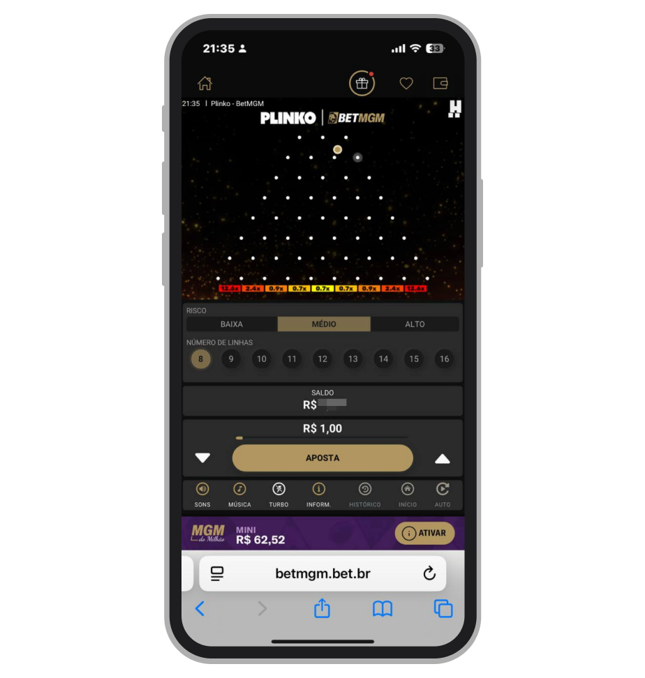 Risco e número de linhas na interface de Plinko